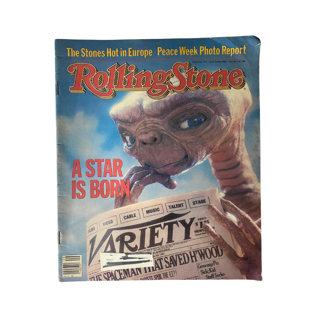 Vintage Rolling Stone Magazine cover from July 22, 1982, featuring E.T. and A Star Is Born with an extraterrestrial character, making it a collectible issue that showcases the cultural influences of the early '80s.
