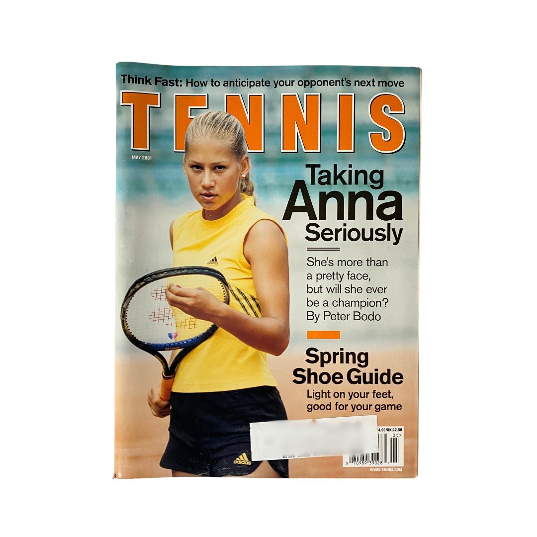 Tennis Magazine May 2001 featuring Anna Kournikova on the cover, photographed by Peter Bodo, showcasing her as a prominent figure in tennis.
