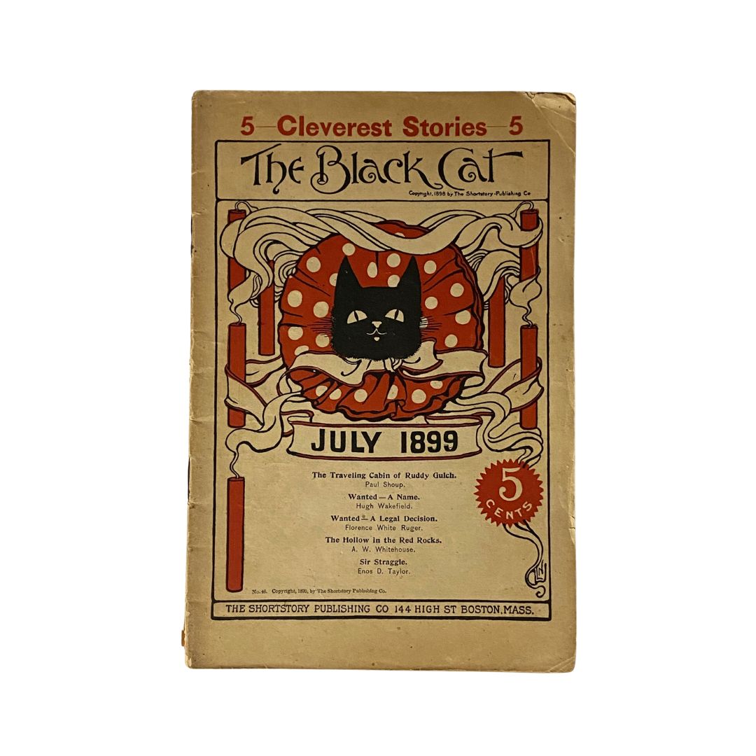 Cover of The Black Cat Magazine, July 1899, featuring a vintage design with a black cat motif and the headline 'Wanted - A Legal Decision'.