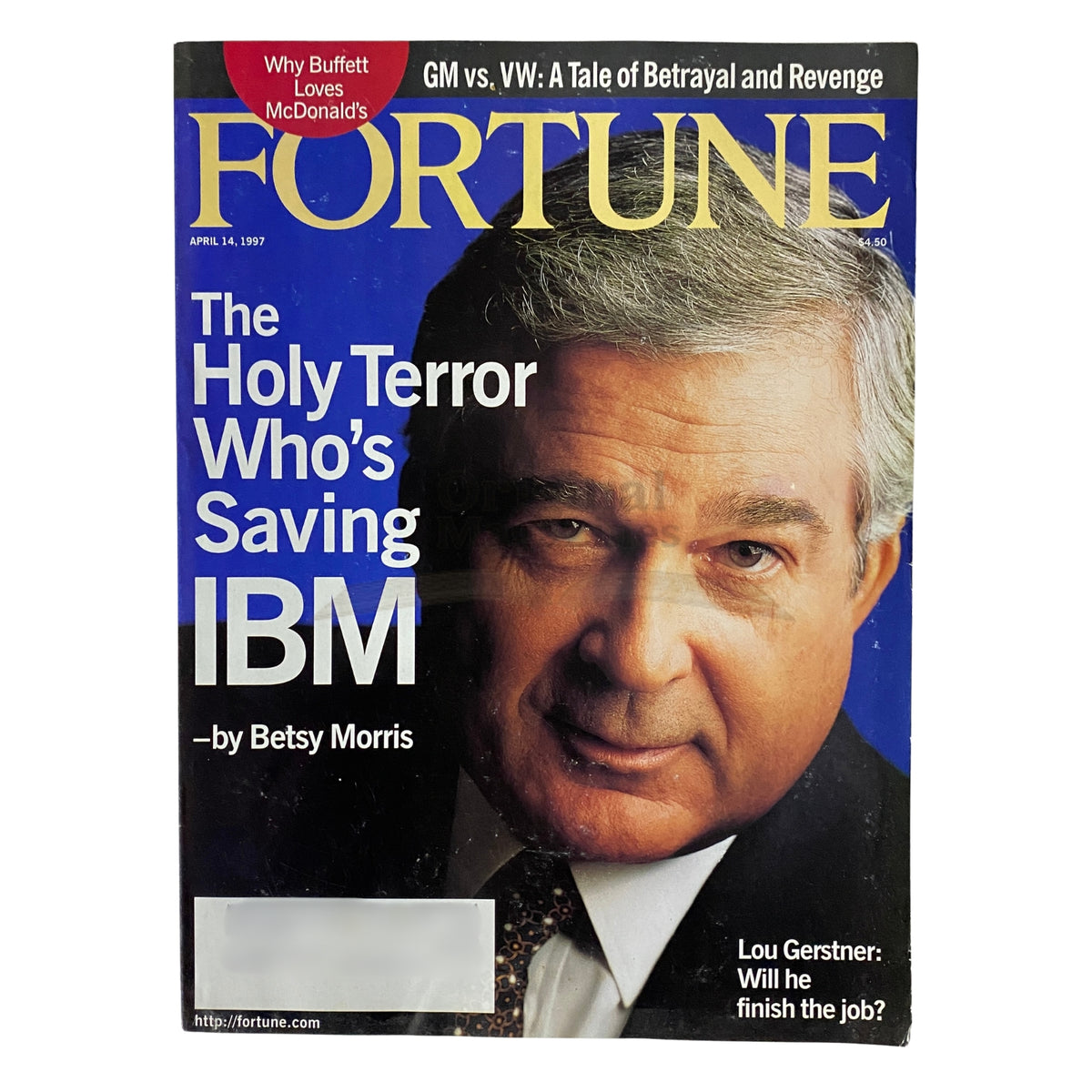Fortune Magazine April 14, 1997 cover featuring a portrait of CEO Louis Gerstner with the headline 'The Holy Terror Who's Saving IBM' by Betsy Morris, highlighting key insights into Gerstner's leadership.