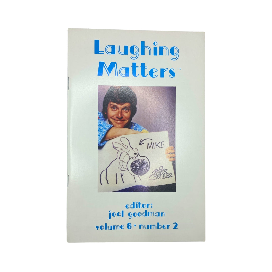 Cover of Laughing Matters Volume 8 Number 2 featuring Mike Peters, edited by Joel Goodman, highlighting humorous content and vintage magazine style.