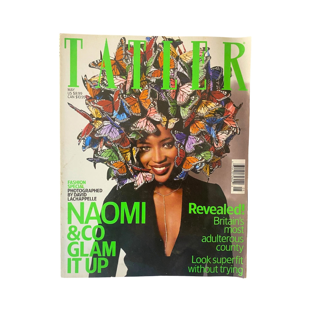 Tatler Magazine May 2003 Naomi Campbell Cover featuring a model adorned with butterflies, vibrant and stylish, showcasing the theme 'Naomi & Co Glam It Up'.
