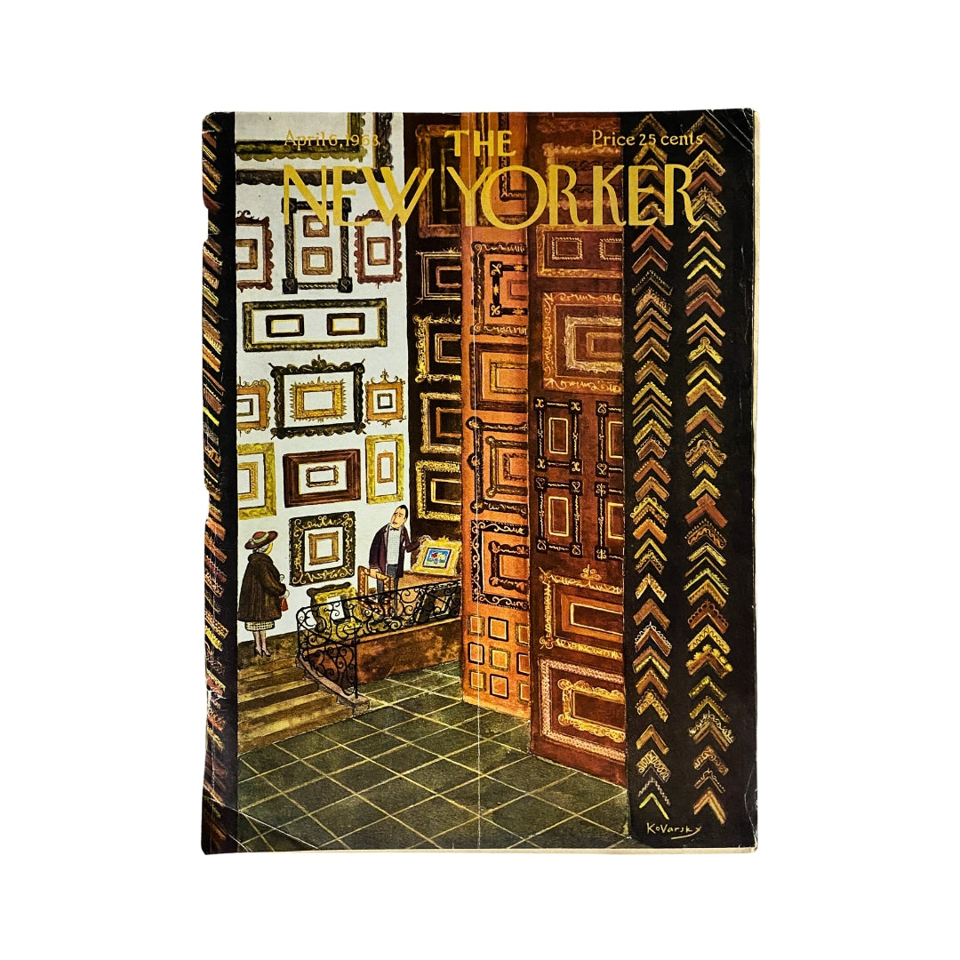 The New Yorker Complete Magazine April 6, 1963 featuring a cover illustration by Anatol Kovarsky depicting an interior with framed artworks and figures.