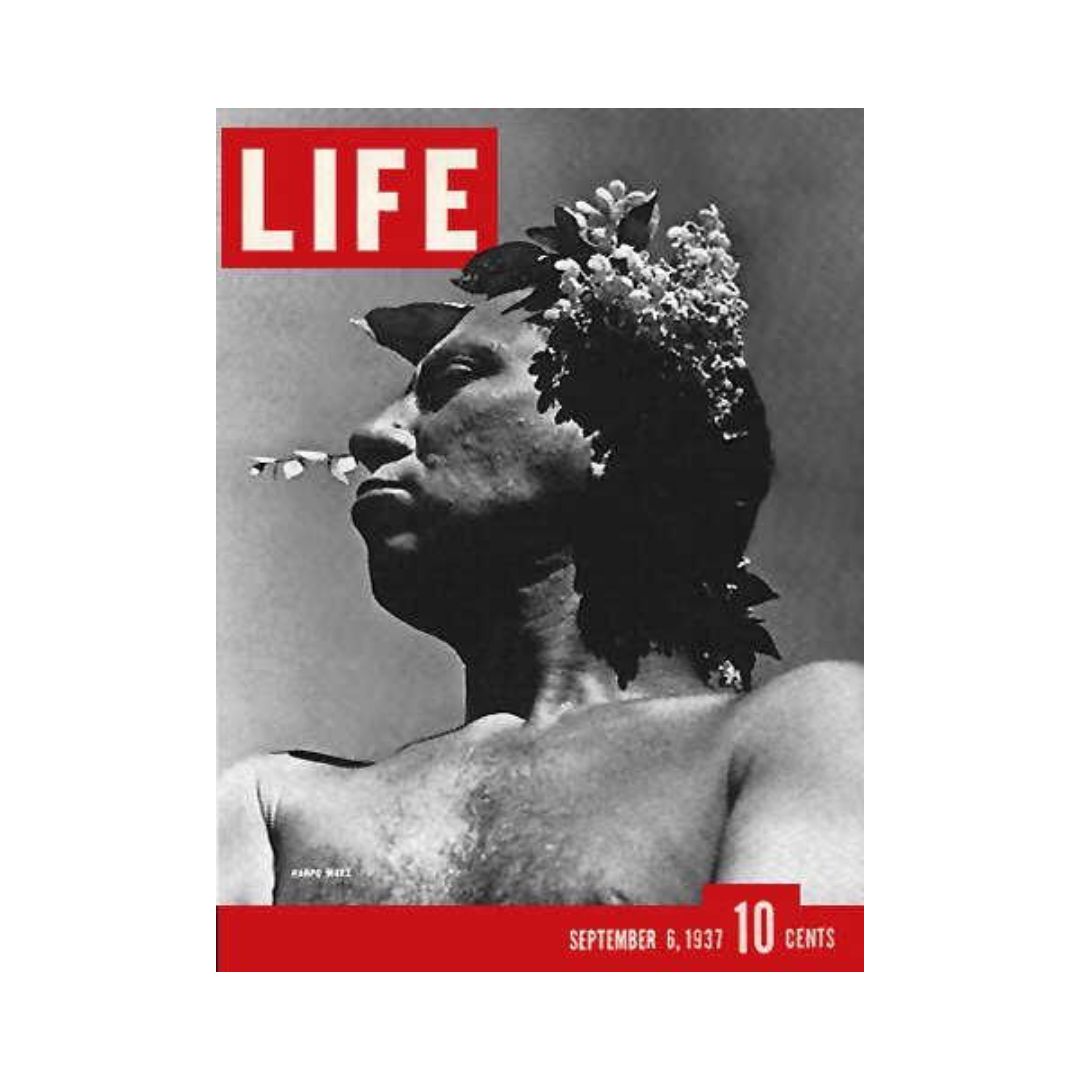 Cover of VTG Life Magazine September 6, 1937 featuring Harpo Marx, Hollywood actor, showcasing a unique artistic style and reflecting a moment in Hollywood history.