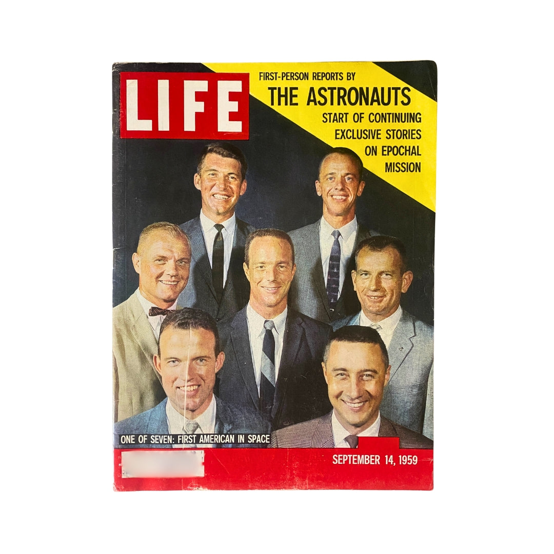 Cover of the VTG Life Magazine September 14, 1959, featuring the Mercury 7 astronauts including Walter Schirra, Alan Shepard, John Glenn, Scott Carpenter, Donald Slayton, Gordon Cooper, and Virgil Grissom.