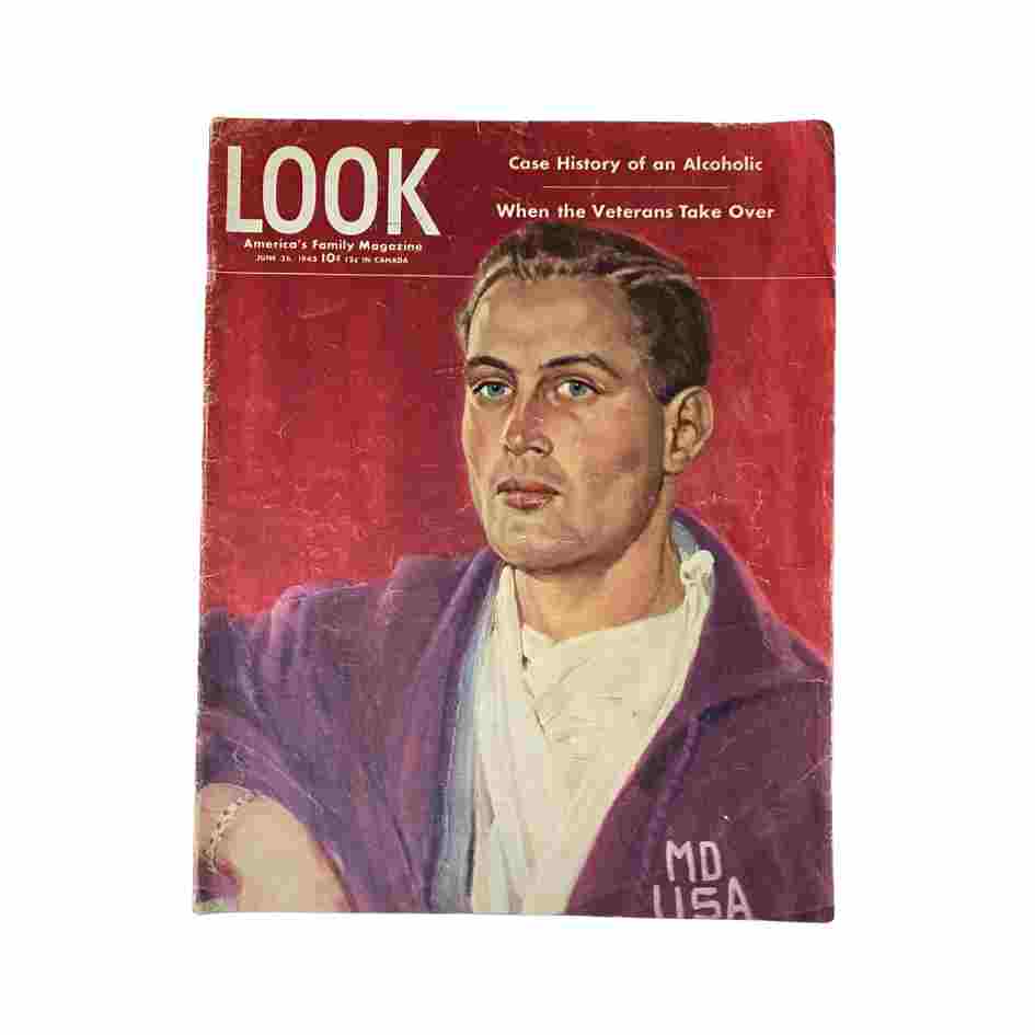 Cover of VTG Look Magazine June 26, 1945 titled 'When the Veterans Take Over', featuring an illustrated portrait of a young man in a purple jacket, with text about a case history of an alcoholic.