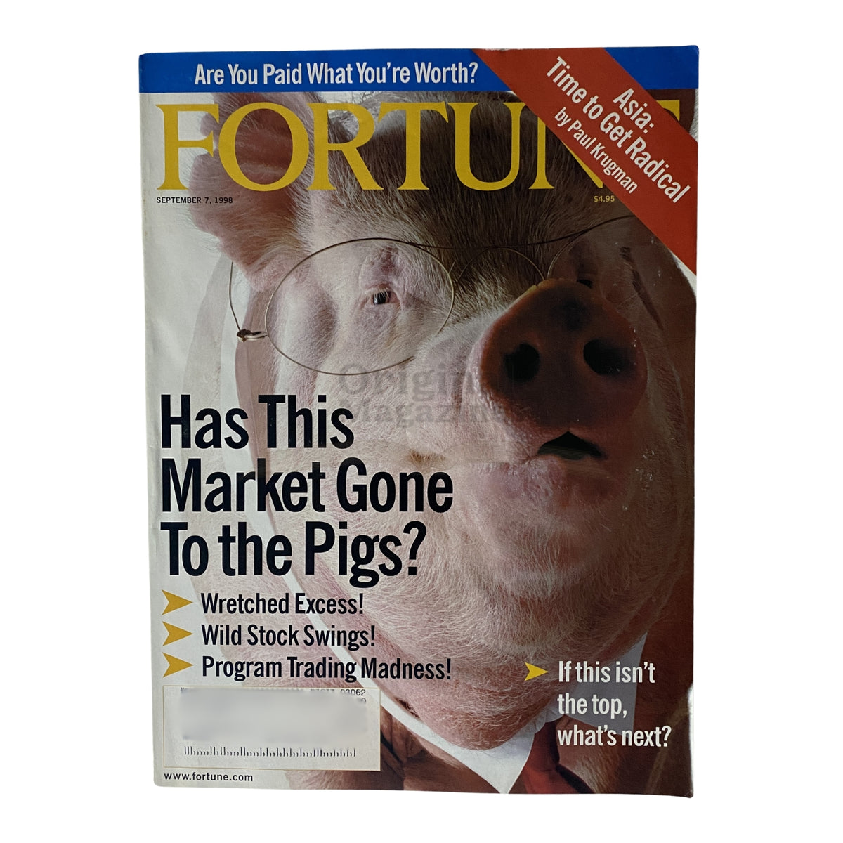 Cover of Fortune Magazine dated September 7, 1998 titled 'Has This Market Gone To the Pigs?' featuring an illustration of a pig and themes of market volatility and economic concerns.