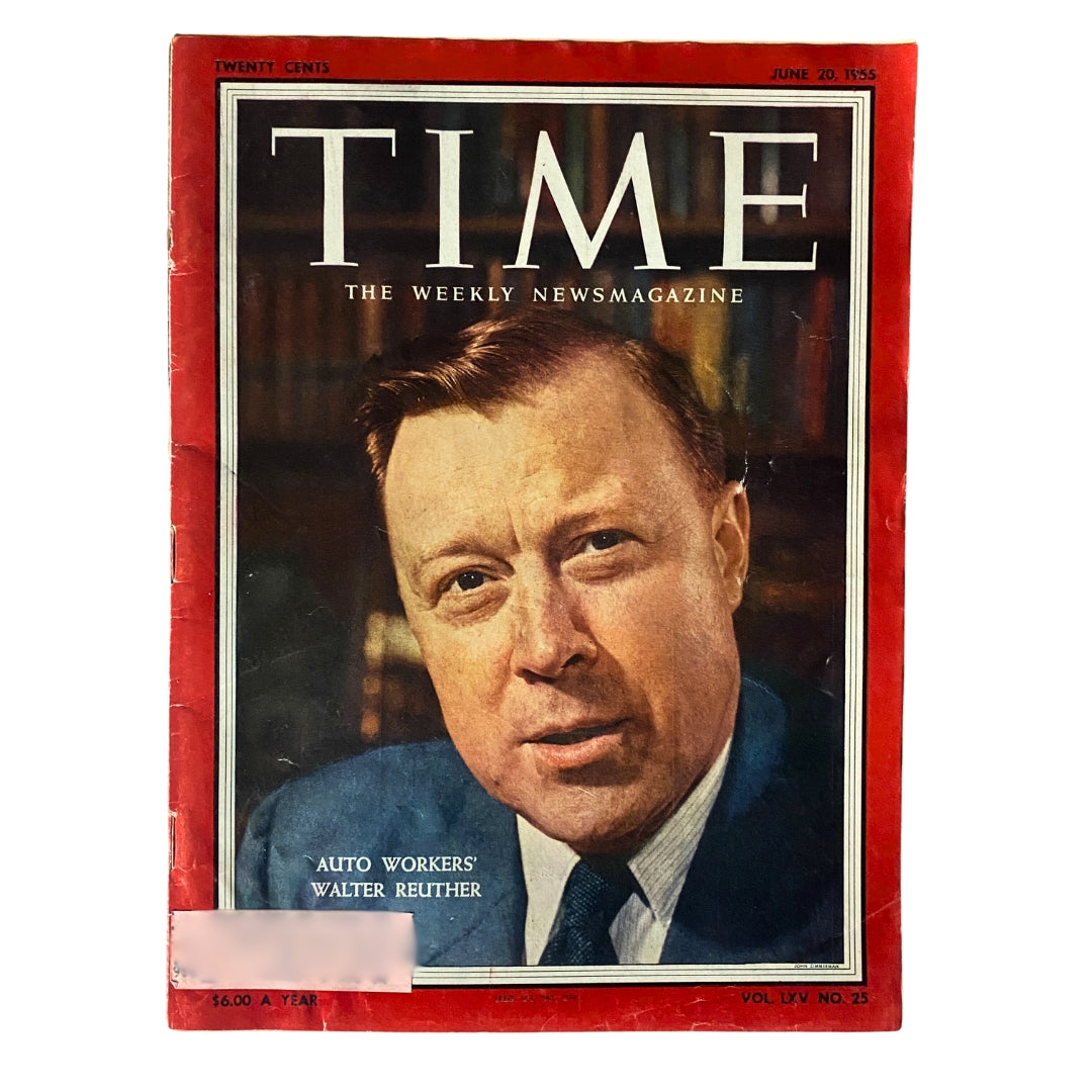 Vintage Time Magazine cover from June 20, 1955 featuring Auto Workers' Walter Reuther, Volume 65, Number 25.