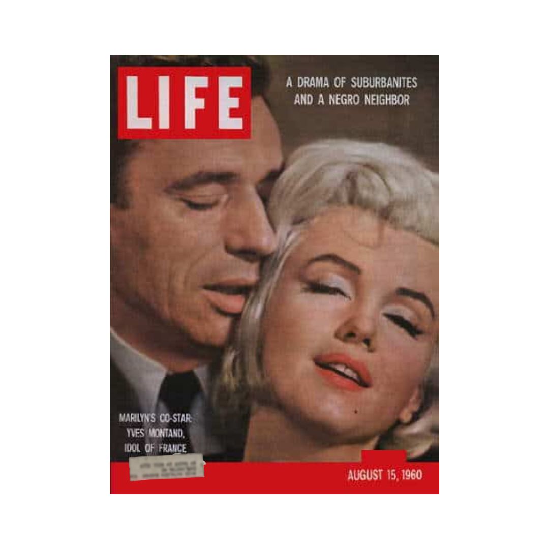 Cover of VTG Life Magazine August 15, 1960, featuring Yves Montand and Marilyn Monroe. The image displays a close-up of the two stars, highlighting their emotional connection, with bold text indicating the magazine date and featuring a caption about Montand as Marilyn's co-star.