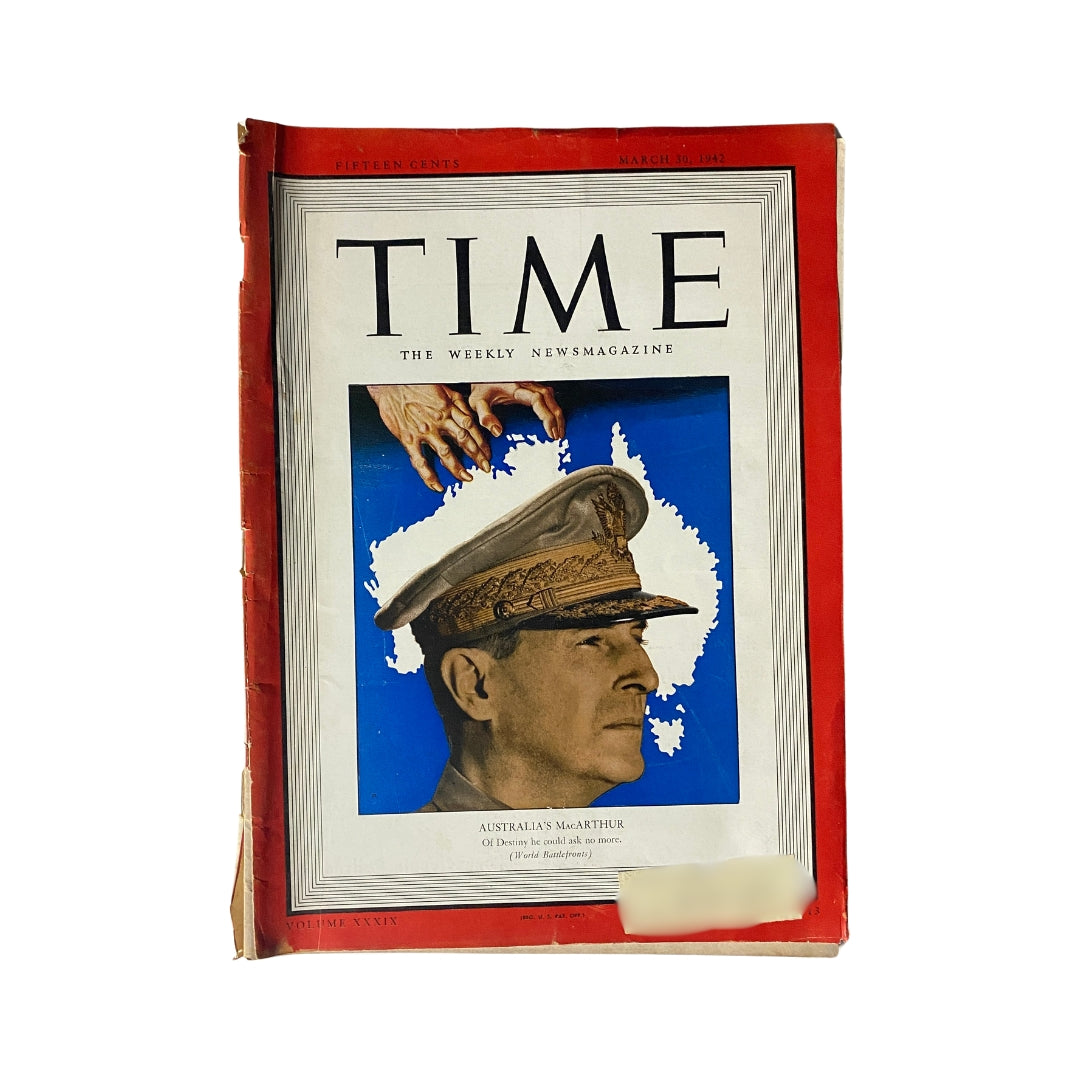 Vintage Time Magazine from March 30, 1942 featuring Australia's Douglas MacArthur on the cover, showcasing a portrait of the military leader with an artistic backdrop.