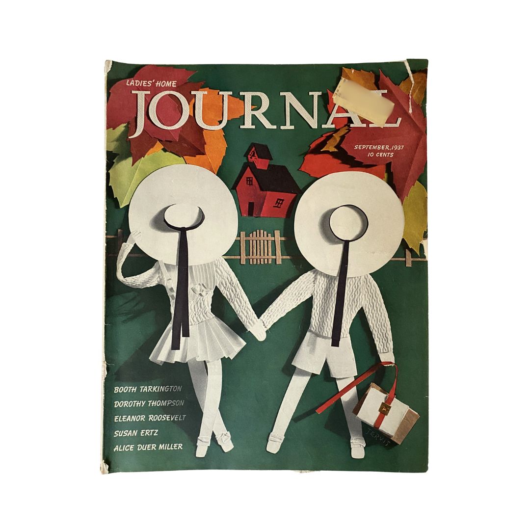Cover of the Ladies' Home Journal Magazine September 1937 titled 'The House of Tomorrow', featuring two children in paper cutout style holding hands, adorned with large hats, set against a backdrop of autumn leaves and a quaint farmhouse.
