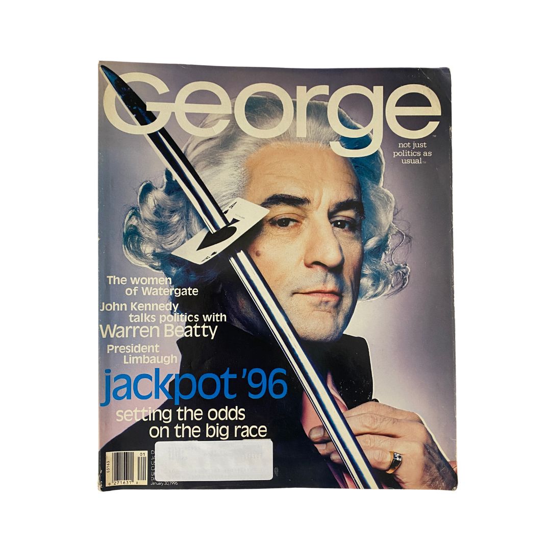 Cover of George Magazine December - January 1996 featuring Warren Beatty with a political theme and unique design.