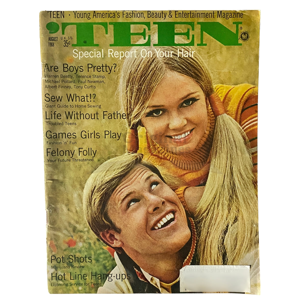 Cover of Teen Magazine August 1968 featuring the title 'Games Girls Play and Felony Folly' with images of a smiling couple and headlines on fashion, beauty, and lifestyle tips.