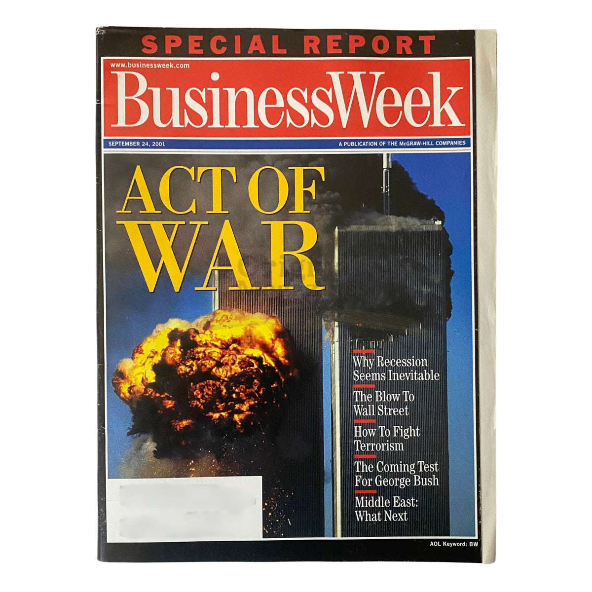 Cover of BusinessWeek Magazine September 24, 2001 featuring a special report titled 'Act of War' with imagery of a massive fireball and the World Trade Center, marking the pivotal moment following the September 11 attacks.
