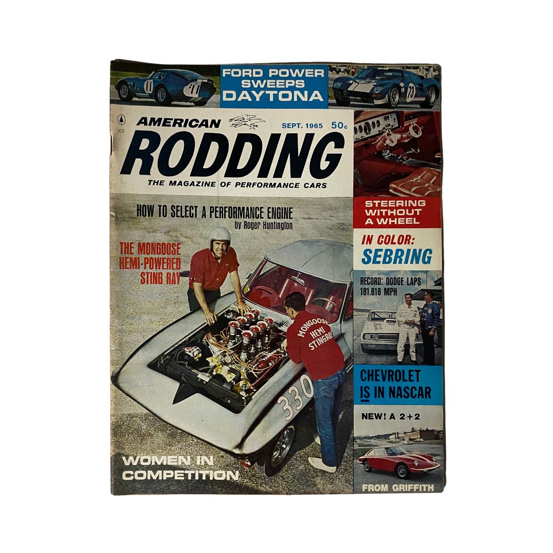 Cover of American Rodding Magazine September 1965 featuring the title 'American Rodding' with a focus on women in competition, showcasing a man working on a Hemi-powered Sting Ray car.