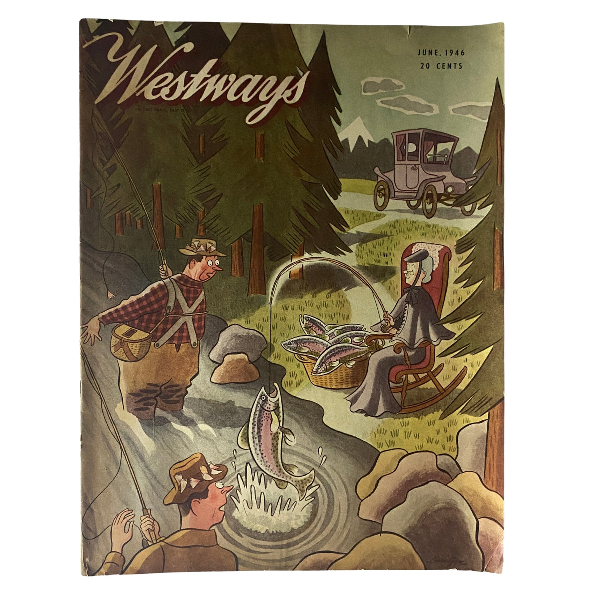 Cover of Westways Magazine June 1946 featuring a colorful illustration of fishermen and a woman fishing in a scenic nature setting, showcasing mid-20th century American culture.