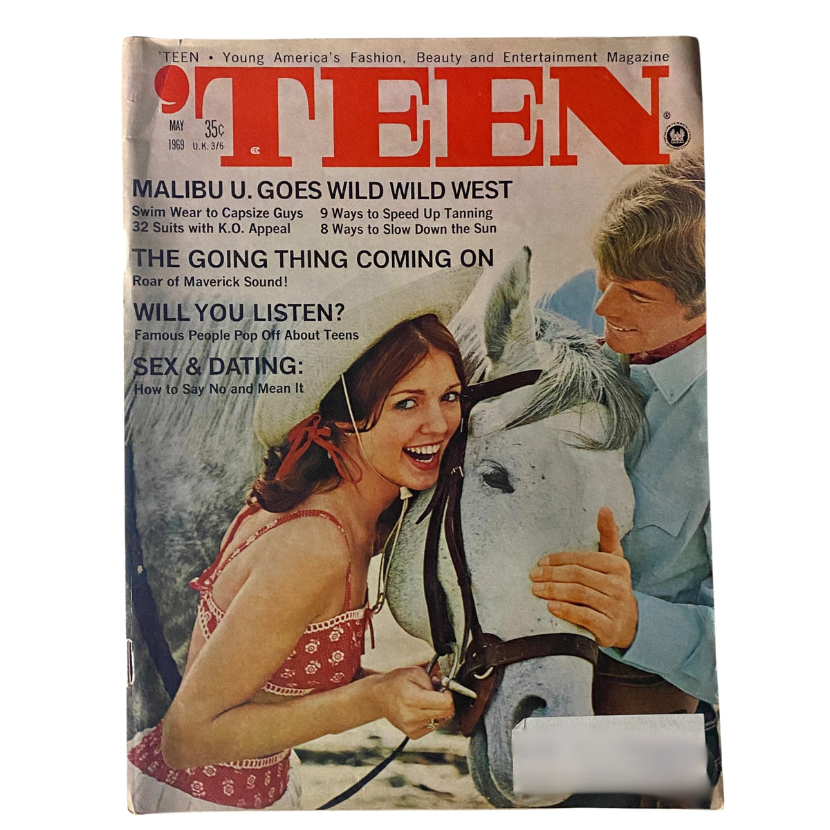 Teen Magazine May 1969 issue cover featuring the vibrant theme "Malibu U. Goes Wild Wild West" with a young woman in a swimsuit beside a horse.