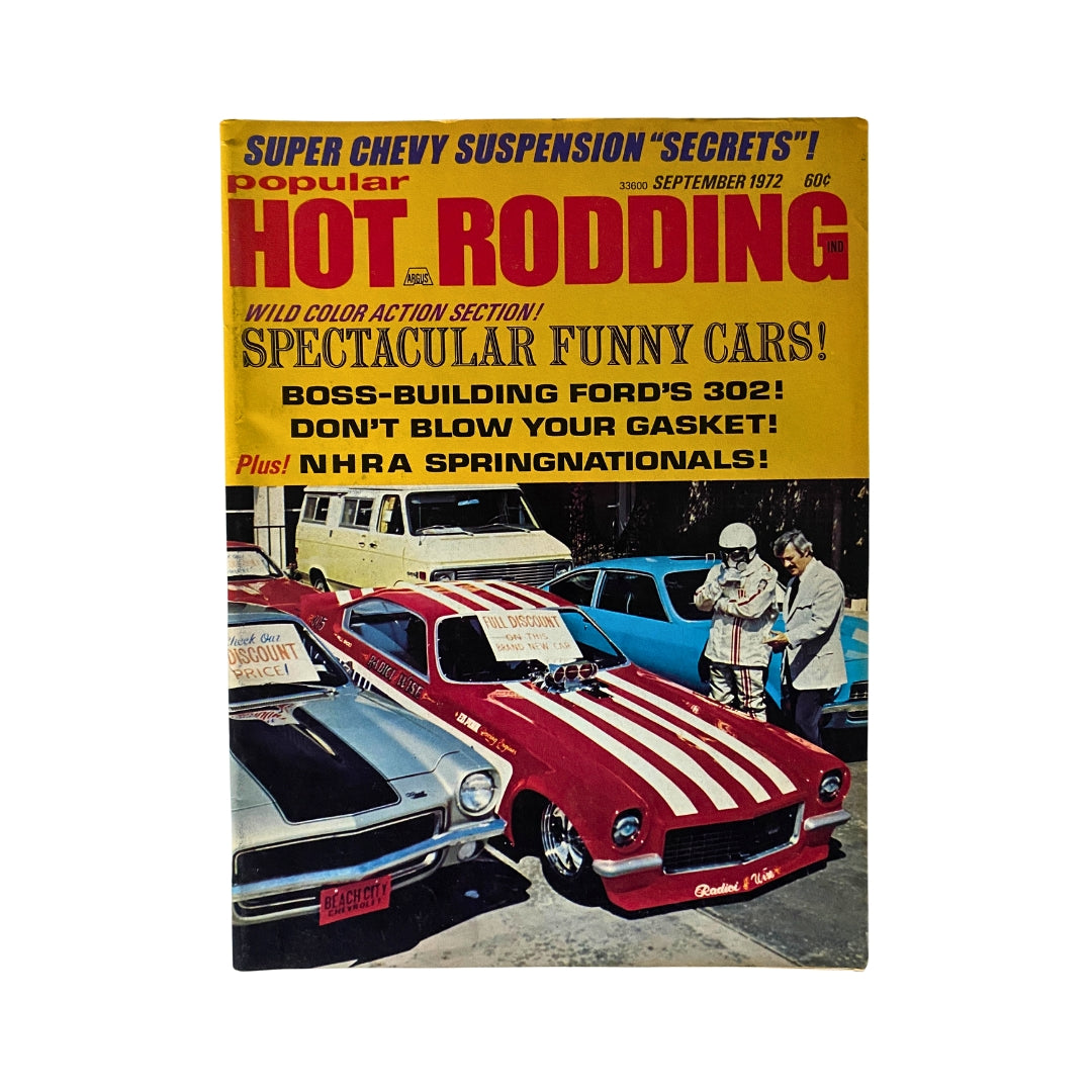 Cover of Popular Hot Rodding Magazine September 1972 featuring vibrant colors and headlines about drag racing and automotive tips, including features on NHRA Springnationals and Boss-Building Ford's 302.