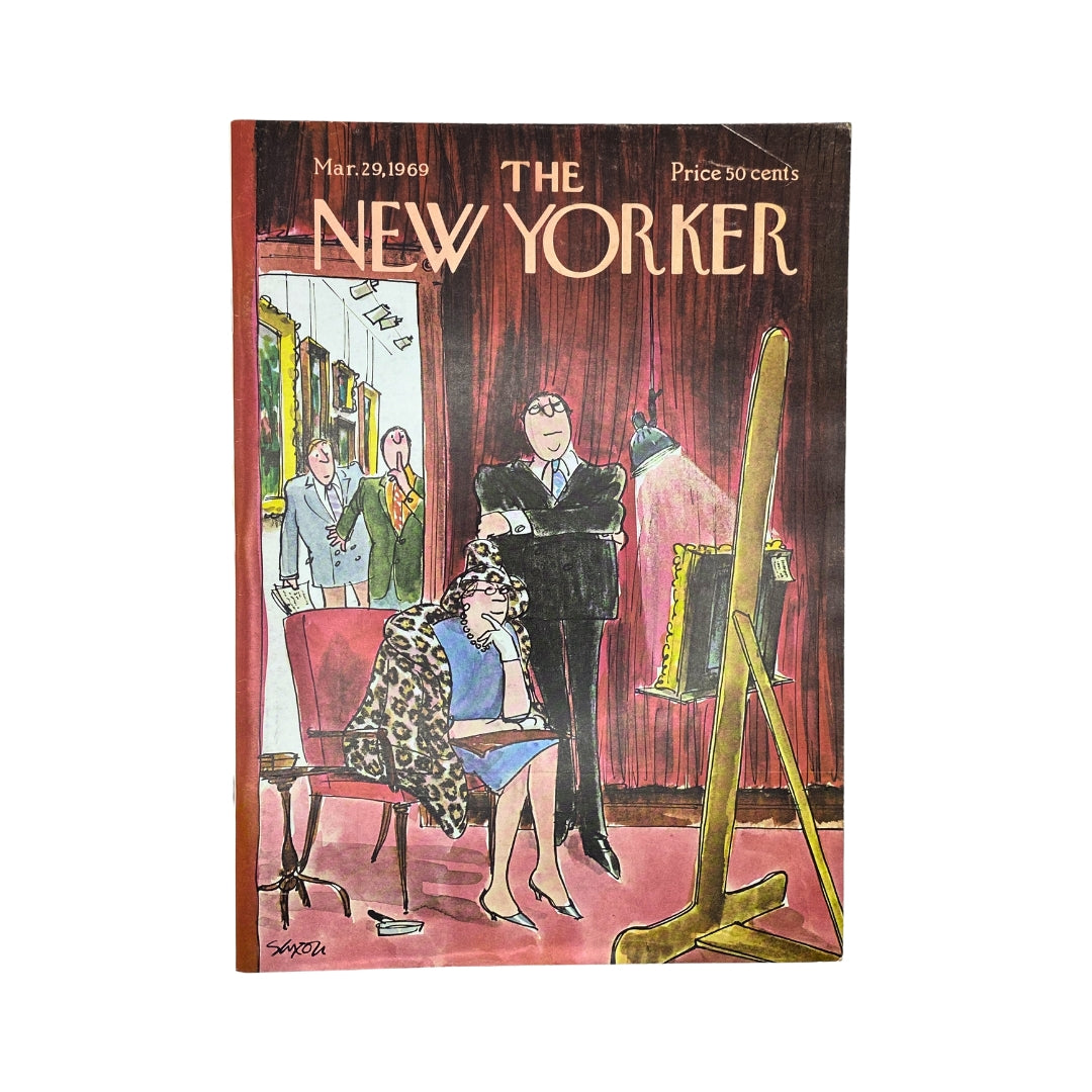 Cover of The New Yorker magazine dated March 29, 1969, featuring a Charles Saxon illustration, depicting a woman in a leopard print coat and several men in a gallery setting. The title reads 'THE NEW YORKER' and the price is marked at 50 cents.