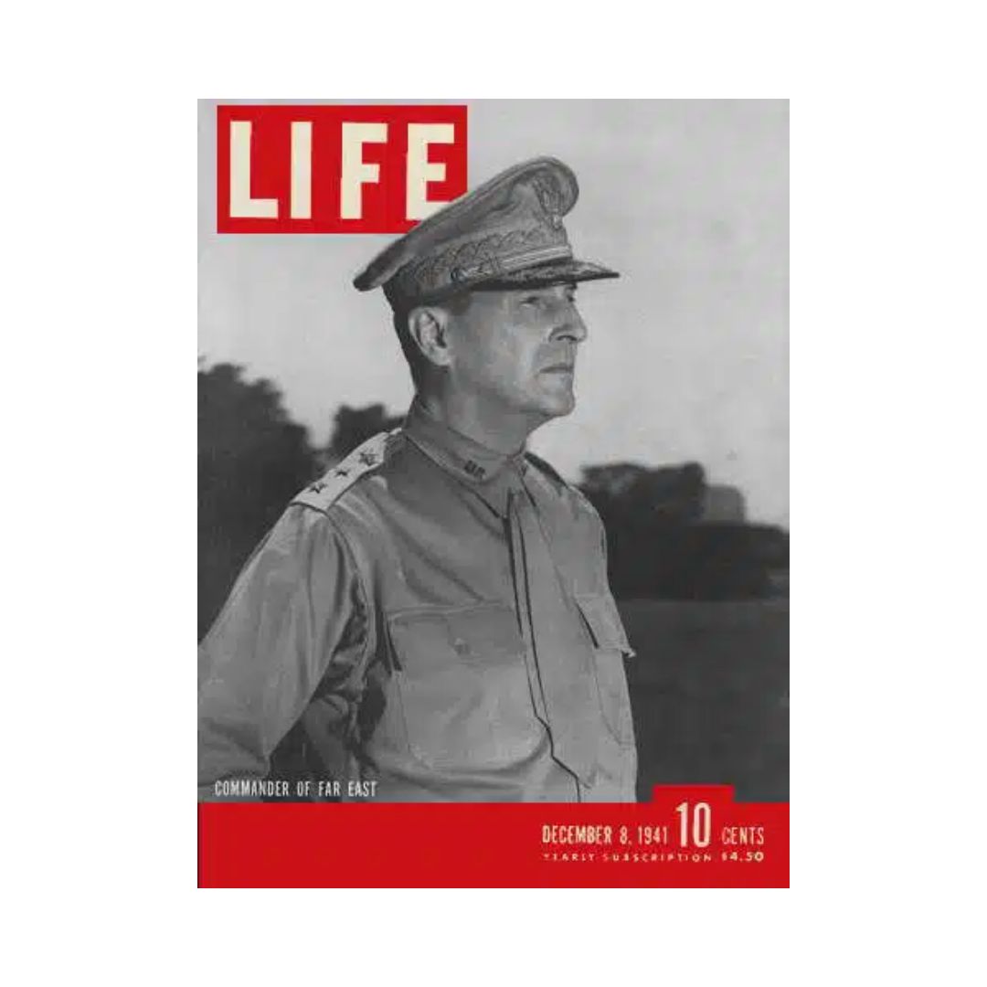 VTG Life Magazine December 8, 1941 cover featuring General Douglas MacArthur in military uniform, showcasing his profile with the title and date prominent, a significant piece of history from just after the attack on Pearl Harbor.