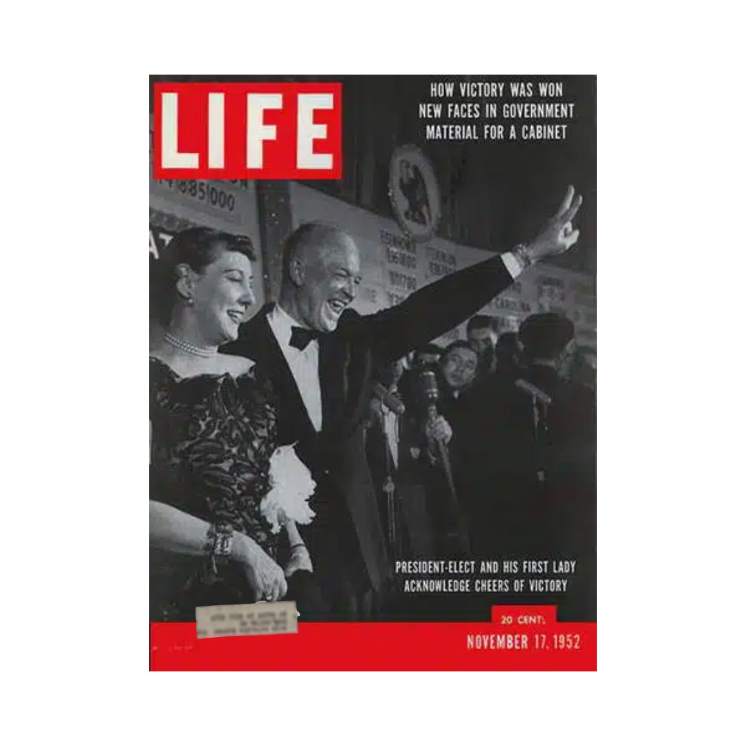 Cover of VTG Life Magazine November 17, 1952 featuring Dwight and Mamie Eisenhower, highlighting the president-elect and his first lady acknowledging cheers of victory.