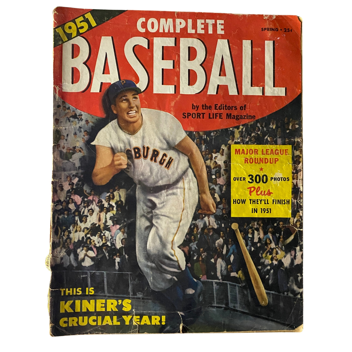 Cover of Complete Baseball by Story Life Magazine, Spring 1951, featuring Ralph Kiner in a Pittsburgh uniform, showcasing a lively baseball scene.