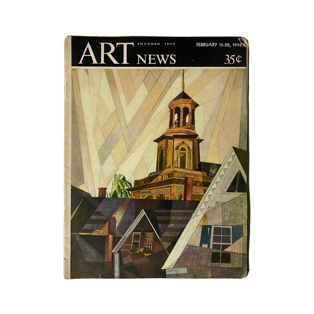 Cover of VTG Art News Magazine February 15, 1942 featuring artwork 'After Sir Christopher Wren' by Charles Demuth, showcasing modernist architecture.