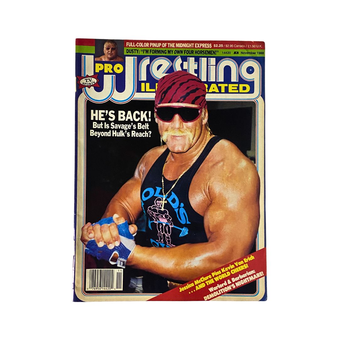 Cover of Pro Wrestling Illustrated Magazine, November 1988 featuring Hulk Hogan with intense expression and sunglasses, showcasing the headline 'HE'S BACK! But Is Savage's Belt Beyond Hulk's Reach?' This vintage magazine is a collectible piece of wrestling history.
