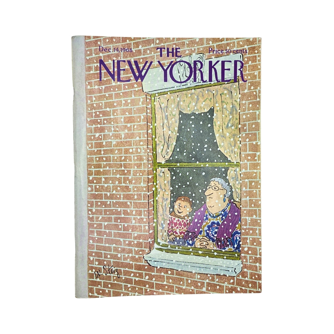 The New Yorker Complete Magazine December 14, 1968 featuring a playful William Steig cover illustration of a grandmother and child watching snow from a window, showcasing the nostalgic charm of the era.
