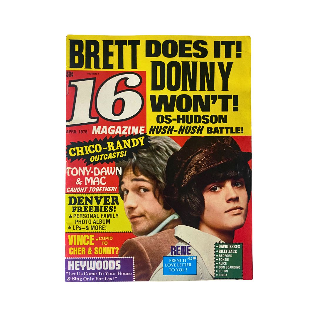 Cover of VTG 16 Magazine April 1975 featuring Tony, Dawn & Mac, showcasing vibrant colors and nostalgic pop culture elements, ideal for collectors.