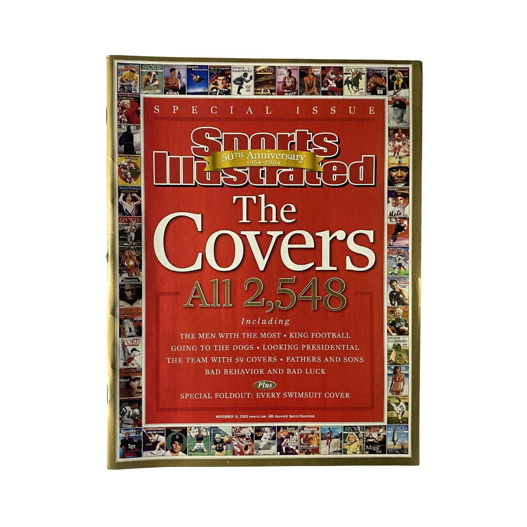 Cover of Sports Illustrated Magazine from November 10, 2003, titled 'The Covers All 2,548', featuring a striking red background and various images, celebrating its 50th Anniversary.