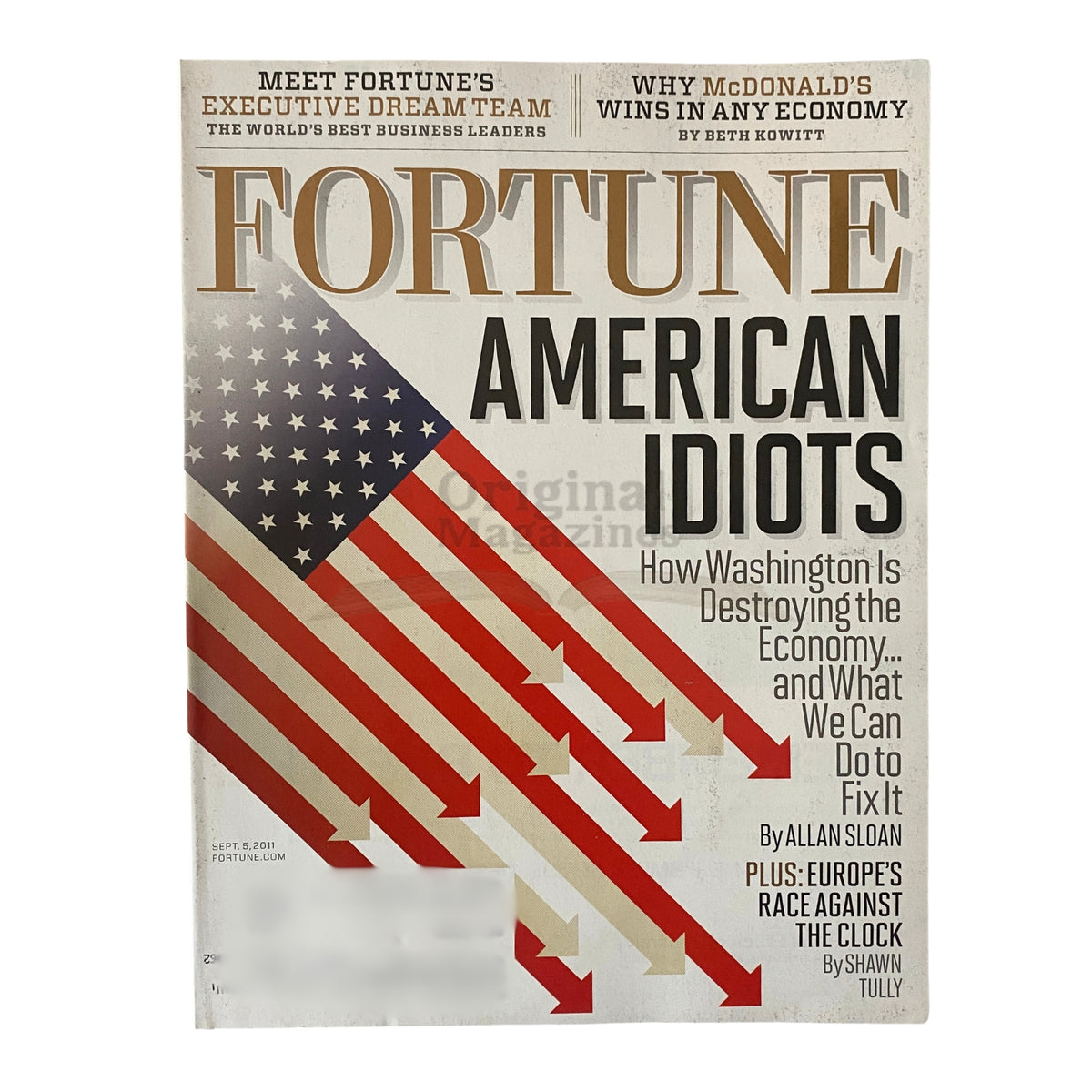 Fortune Magazine September 5, 2011 cover featuring the headline 'How Washington is Destroying the Economy,' with American flag graphics and arrows, making it a significant collector's item.