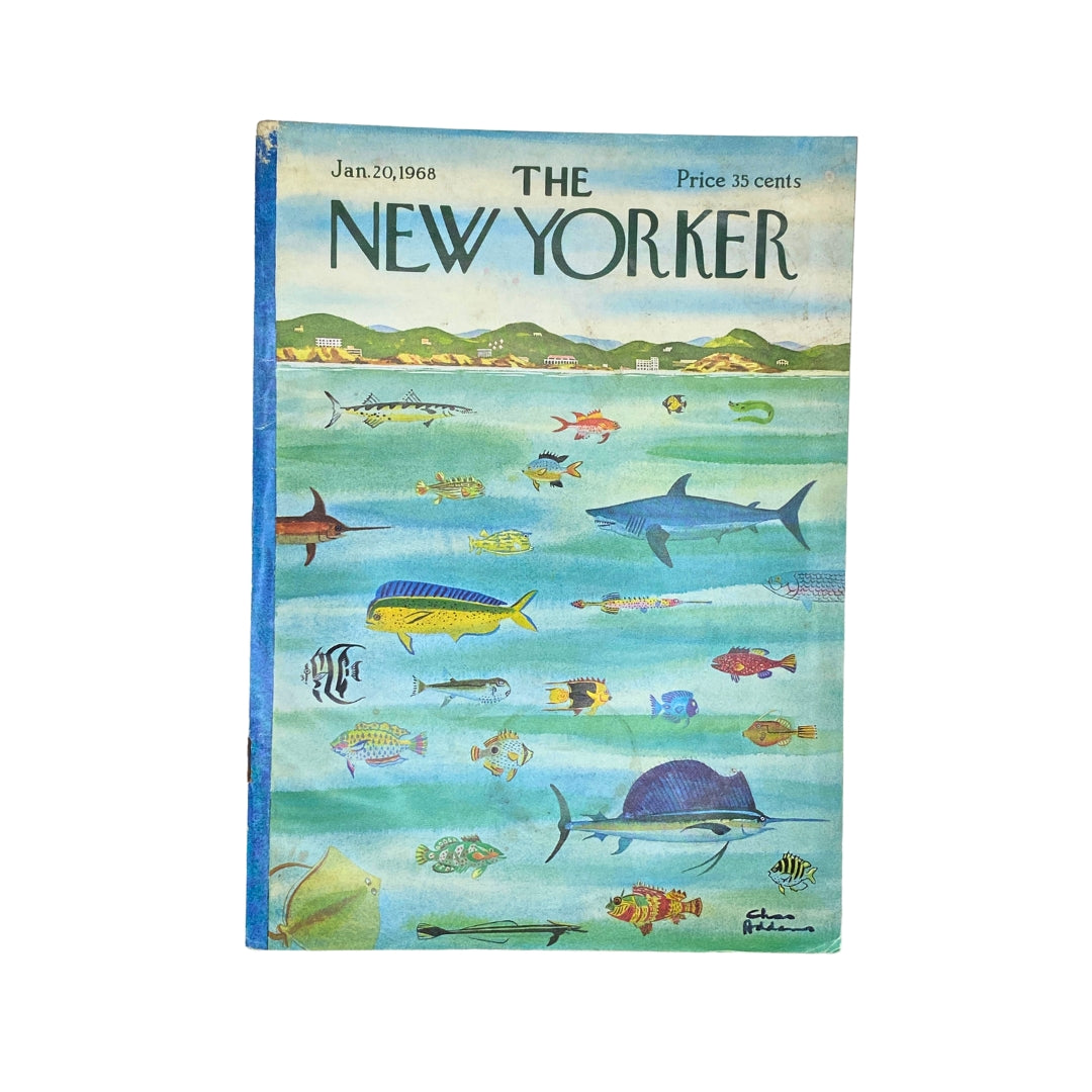 The New Yorker Complete Magazine January 20, 1968 with Chas Addams cover featuring colorful fish and aquatic life.
