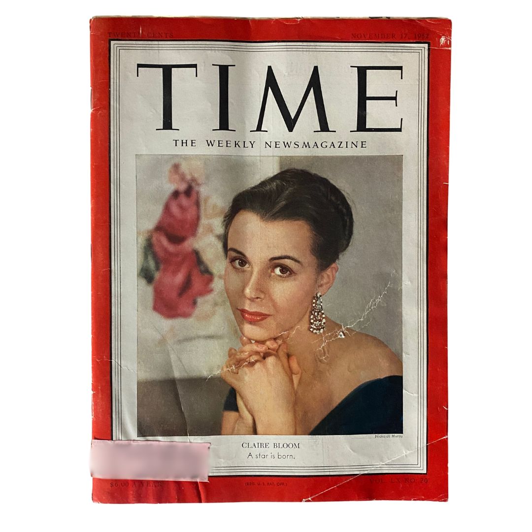 VTG Time Magazine November 17, 1952 featuring Claire Bloom on the cover, showcasing her portrait and elegant style.