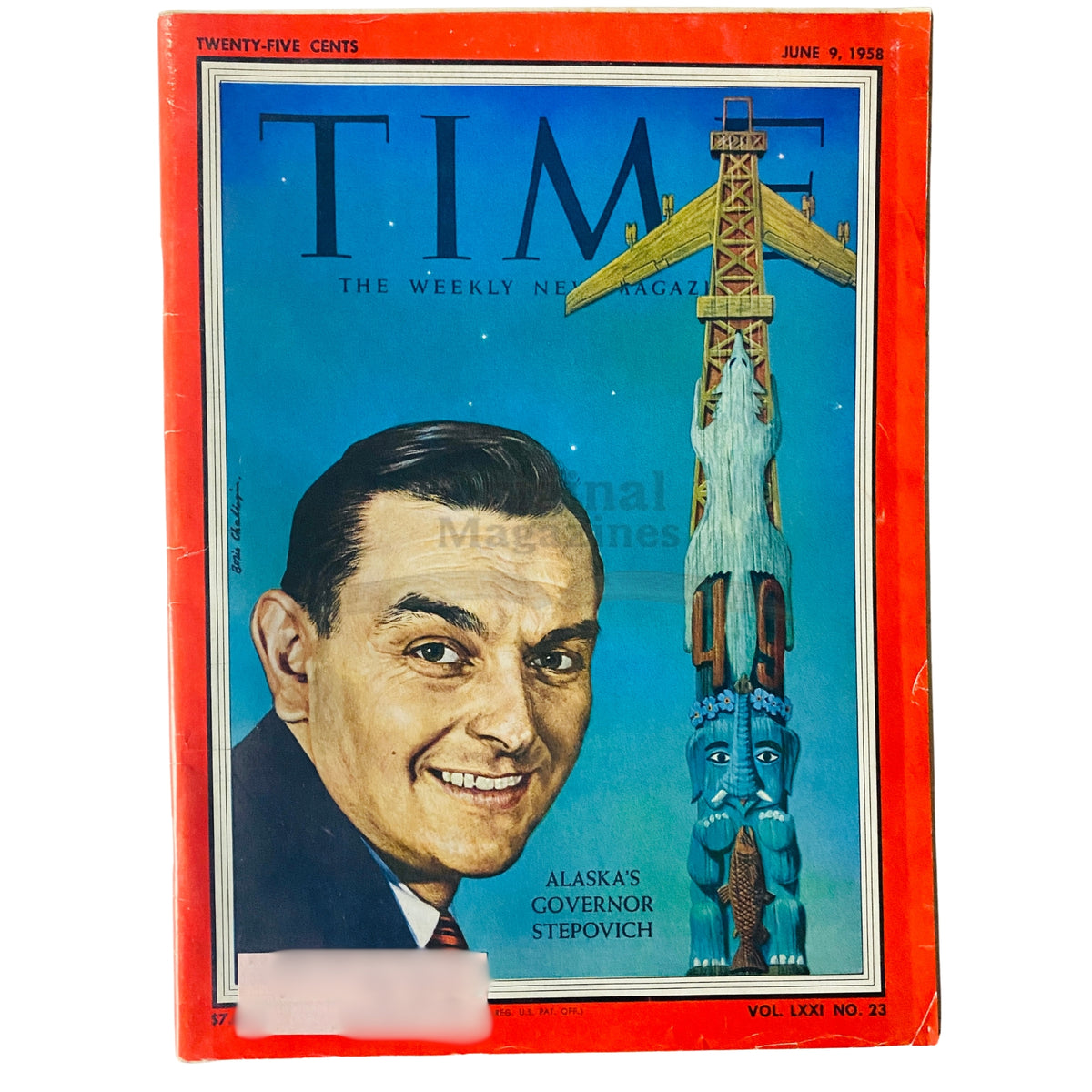 Time Magazine June 9 1958 cover featuring Alaska's Governor Mike Stepovich, showcasing vibrant artwork and historical significance.