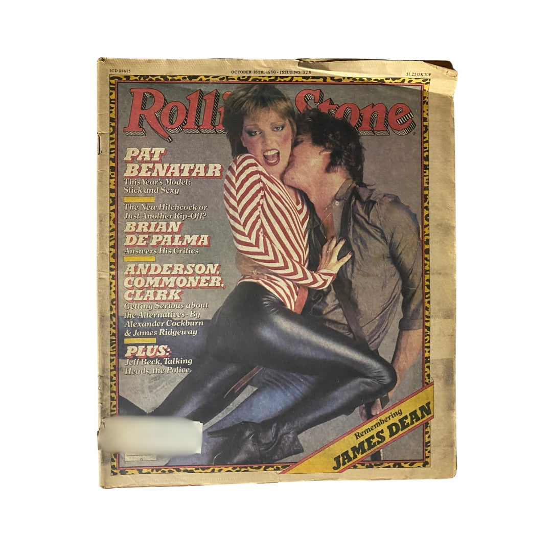 Vintage Rolling Stone Magazine cover from October 16, 1980, Issue 328, featuring rock star Pat Benatar and filmmaker Brian De Palma, highlighting music culture of the late 1970s to early 1980s.