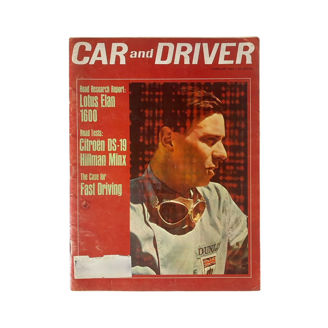 Car and Driver Magazine February 1964 cover showcasing the Lotus Elan 1600 report and featuring road test articles on Citroën DS-19 and Hillman Minx.