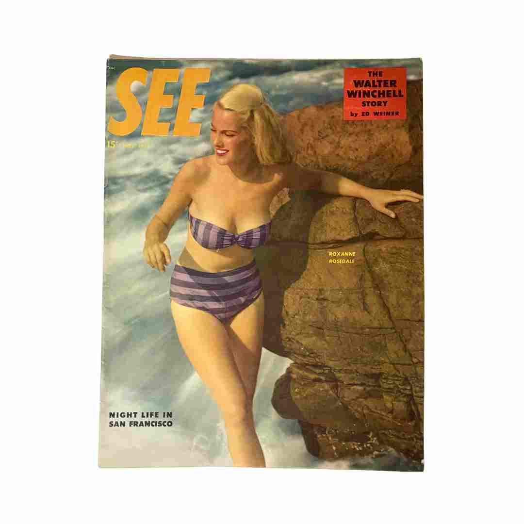 Cover of VTG See Magazine November 1950 Vol 9 No. 6 featuring Roxanne Rosedale in a striped bikini by the rocks, highlighting vintage fashion and culture.