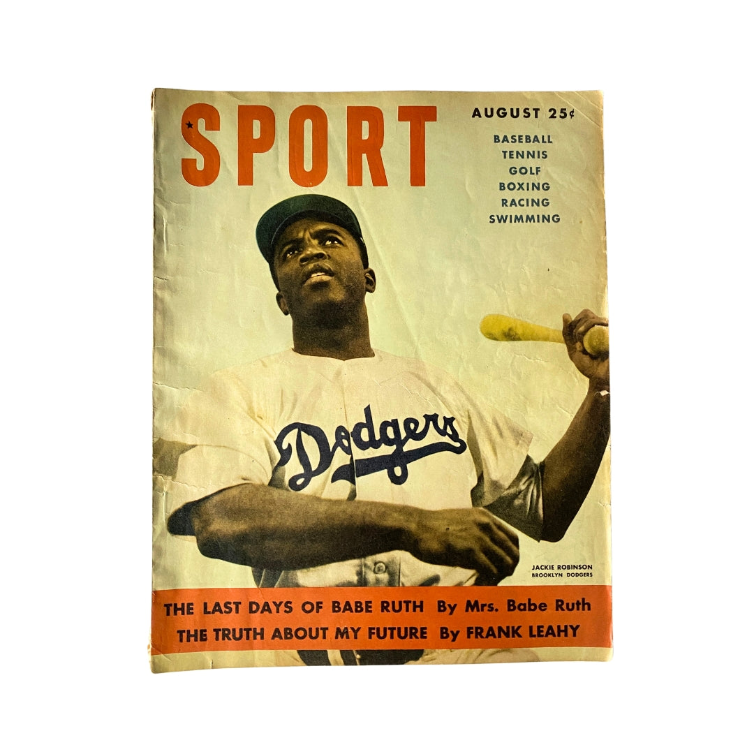 Sport Magazine August 1949 featuring Jackie Robinson on the cover, showcasing his iconic role with the Brooklyn Dodgers.