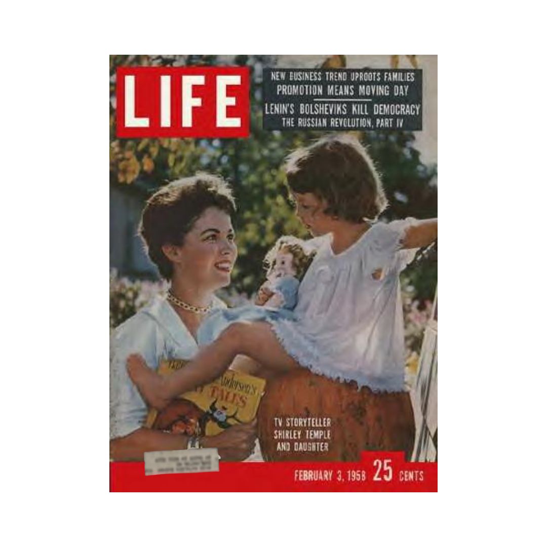 Cover of VTG Life Magazine February 3, 1958 featuring Shirley Temple Black and her daughter Lori, showcasing the charm of vintage family life and culture.