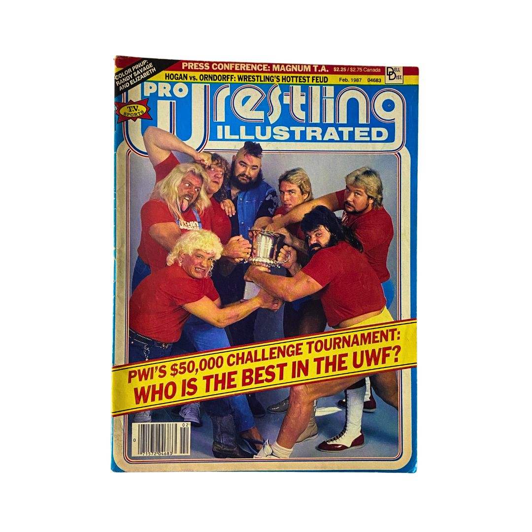Pro Wrestling Illustrated Magazine February 1987 featuring Randy Savage on the cover, showcasing iconic wrestlers in a lively championship scene.