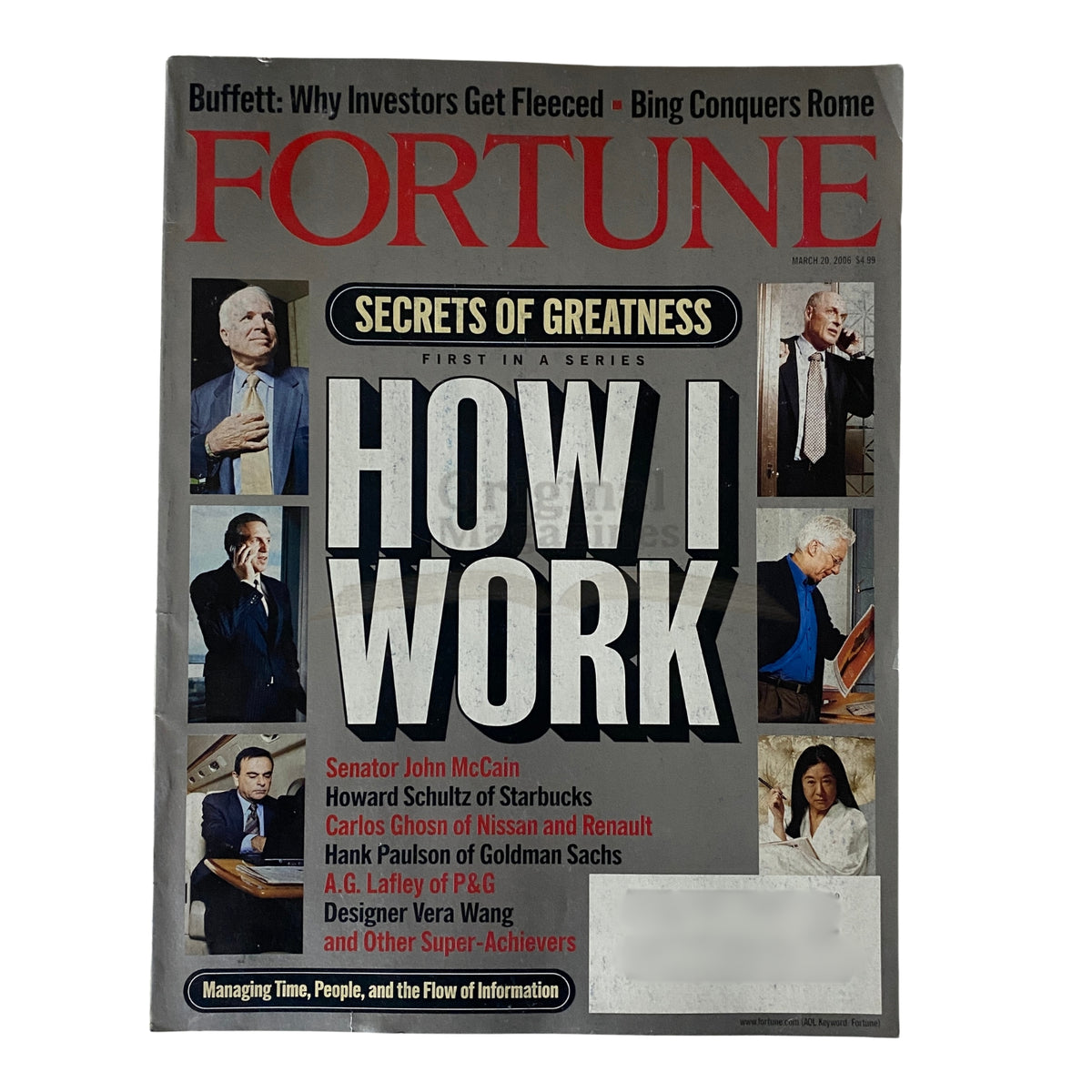 Cover of Fortune Magazine from March 20, 2006 featuring John McCain, Howard Schultz, and Carlos Ghosn under the title 'How I Work' with a bold headline 'Secrets of Greatness'.
