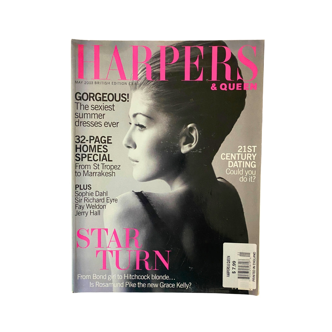 Harpers & Queen Magazine May 2003 cover featuring Rosamund Pike, highlighting her transformation from Oxford blue to Hitchcock blonde.