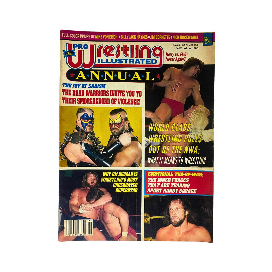 Vintage Pro Wrestling Illustrated Winter 1986 magazine cover featuring The Road Warriors, with a bold title and notable wrestling highlights, showcasing iconic moments from the 1980s wrestling era.