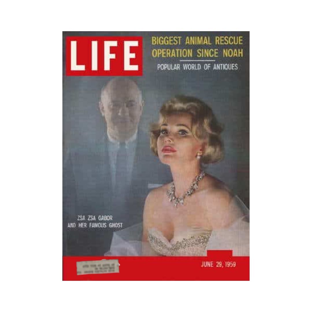 Cover of Life Magazine from June 29, 1959, featuring Zsa Zsa Gabor and her famous ghost, highlighting the biggest animal rescue operation since Noah. The vibrant imagery captures the glamour of the era.
