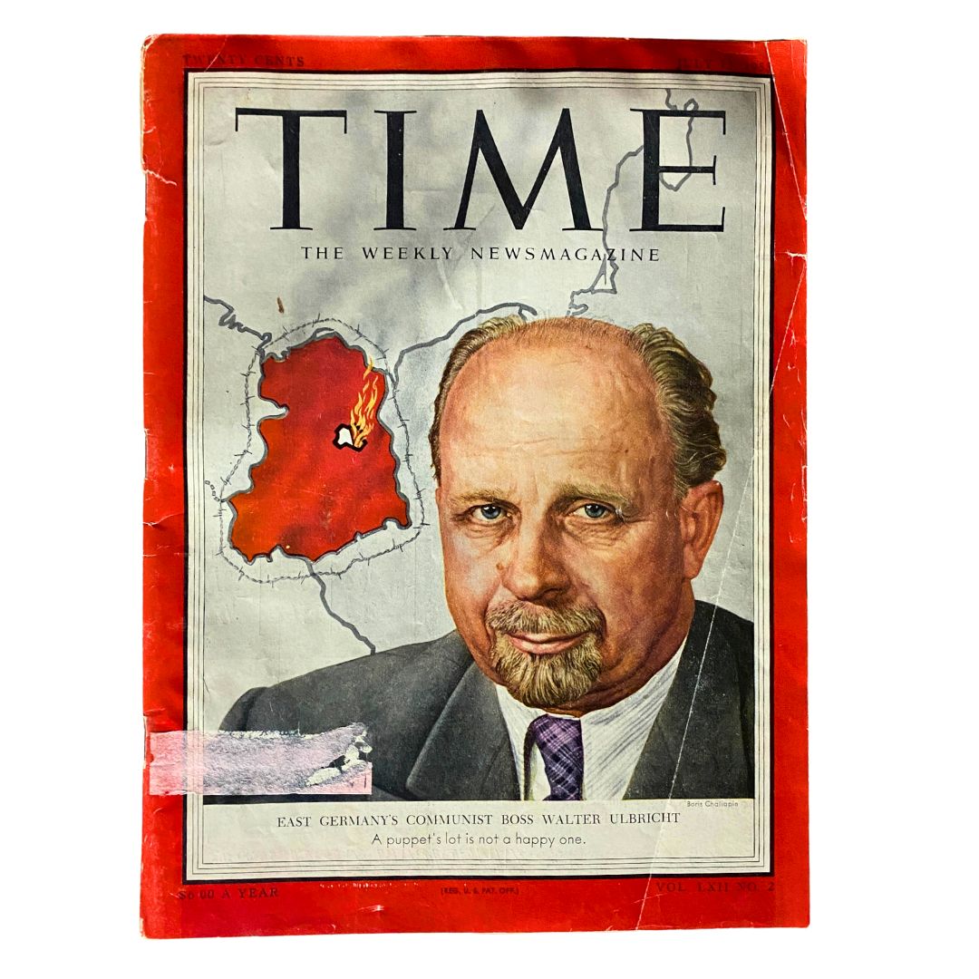 VTG Time Magazine July 13, 1953 Vol 62 No. 2 featuring Walter Ulbricht on the cover, depicting the East Germany Communist Boss with a map background.