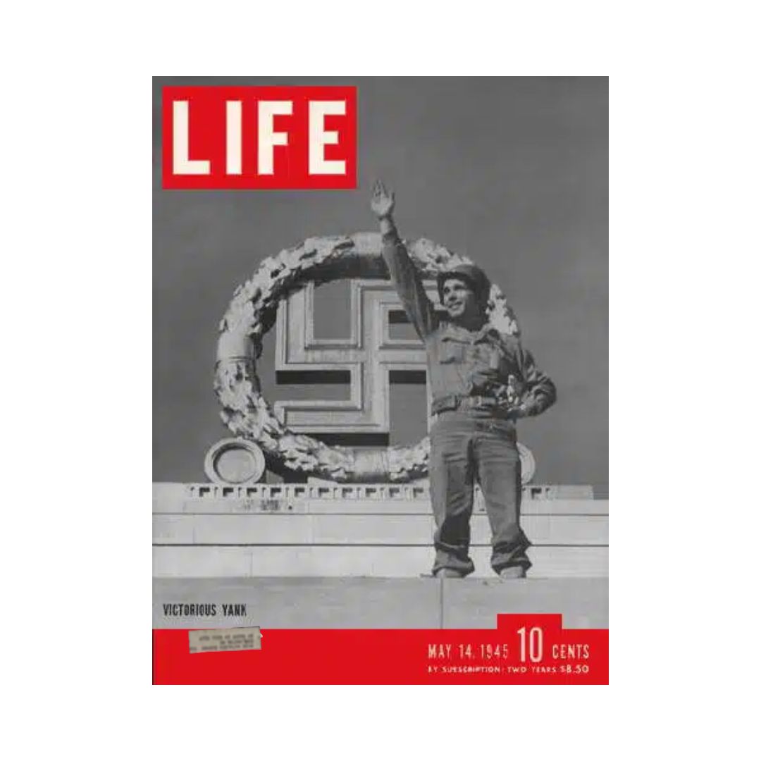 VTG Life Magazine May 14, 1945 World War II Victory in Europe Special Issue featuring a soldier saluting in front of a monument with a swastika, representing the end of the war in Europe.