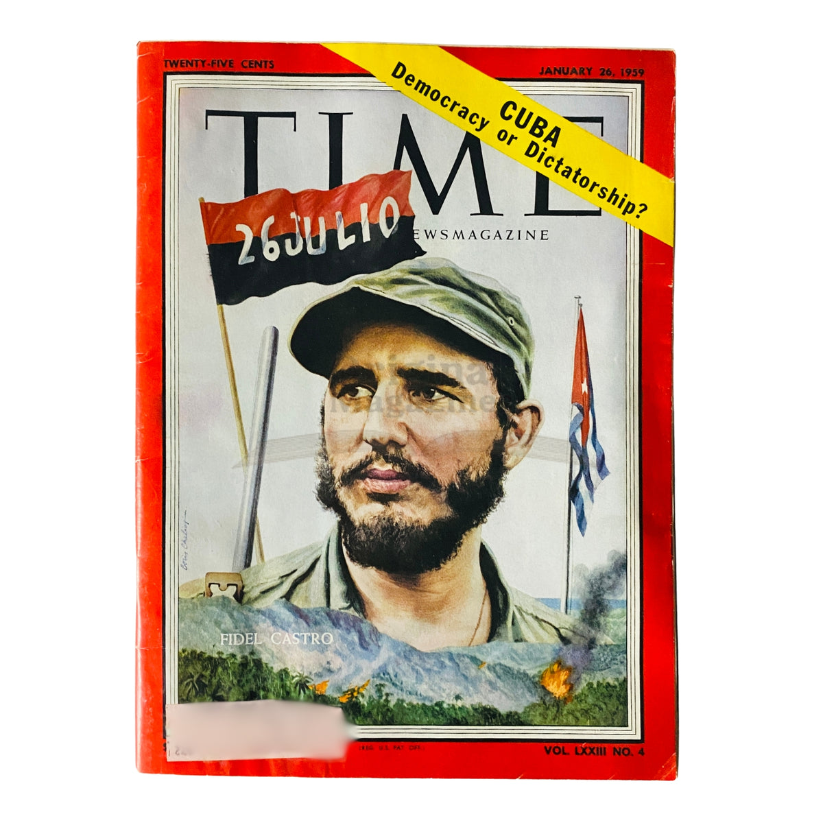 Cover of Time Magazine January 26 1959 Vol 73 No. 4 featuring Fidel Castro, highlighting the political climate of Cuba with the tagline 'Democracy or Dictatorship?'