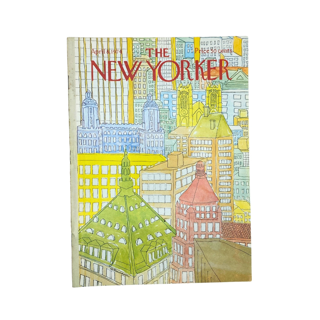 The New Yorker Complete Magazine April 8, 1974 featuring a colorful cover illustration by Raymon Davidson. The cover showcases an artistic depiction of urban architecture typical of the 1970s.