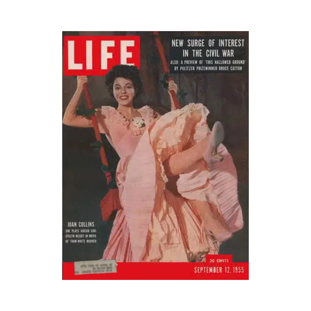 Cover of VTG Life Magazine dated September 12, 1955 featuring actress Joan Collins in a glamorous outfit, showcasing her as a prominent figure of the era. This collectible vintage magazine is ideal for enthusiasts of mid-20th century Americana.